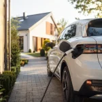 Vue d'ensemble d'un parking de concession avec plusieurs voitures électriques en charge sous des ombrières solaires