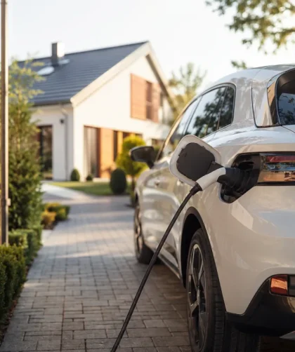 Vue d'ensemble d'un parking de concession avec plusieurs voitures électriques en charge sous des ombrières solaires