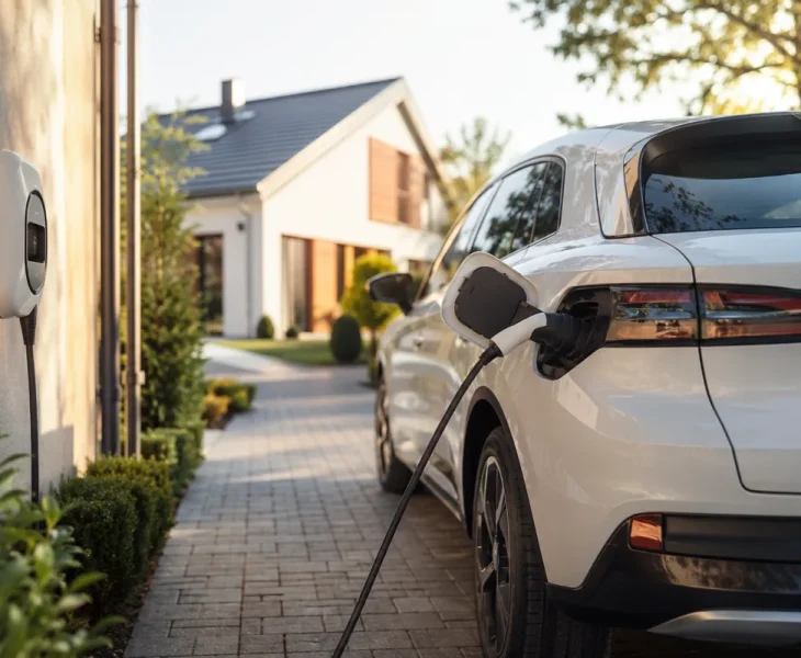 Vue d'ensemble d'un parking de concession avec plusieurs voitures électriques en charge sous des ombrières solaires