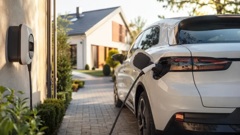 Vue d'ensemble d'un parking de concession avec plusieurs voitures électriques en charge sous des ombrières solaires