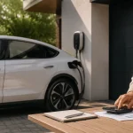 Parking d'entreprise avec plusieurs véhicules électriques branchés sur des bornes de recharge sous un ciel nuageux