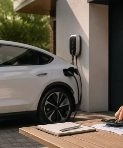 Parking d'entreprise avec plusieurs véhicules électriques branchés sur des bornes de recharge sous un ciel nuageux