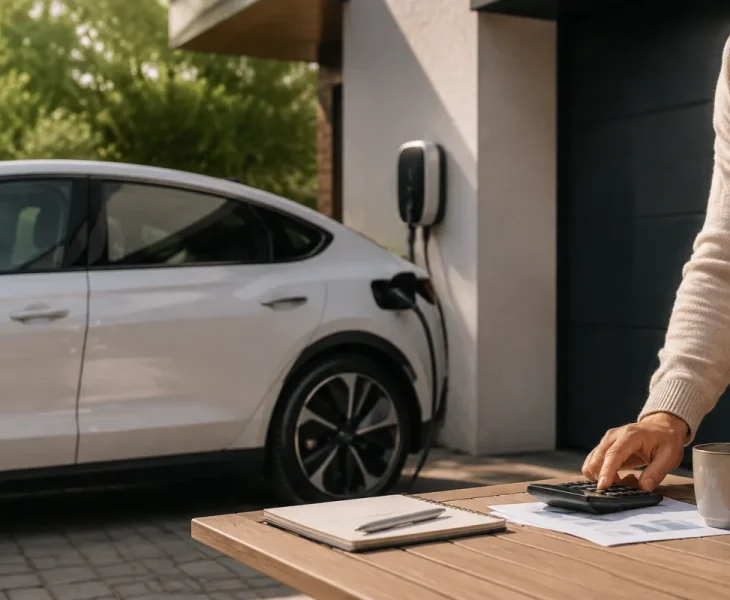 Parking d'entreprise avec plusieurs véhicules électriques branchés sur des bornes de recharge sous un ciel nuageux