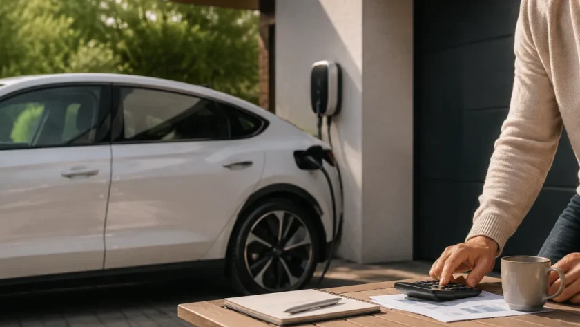 Parking d'entreprise avec plusieurs véhicules électriques branchés sur des bornes de recharge sous un ciel nuageux