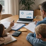 Famille de quatre personnes assise autour d'une table, examinant ensemble des documents d'assurance santé