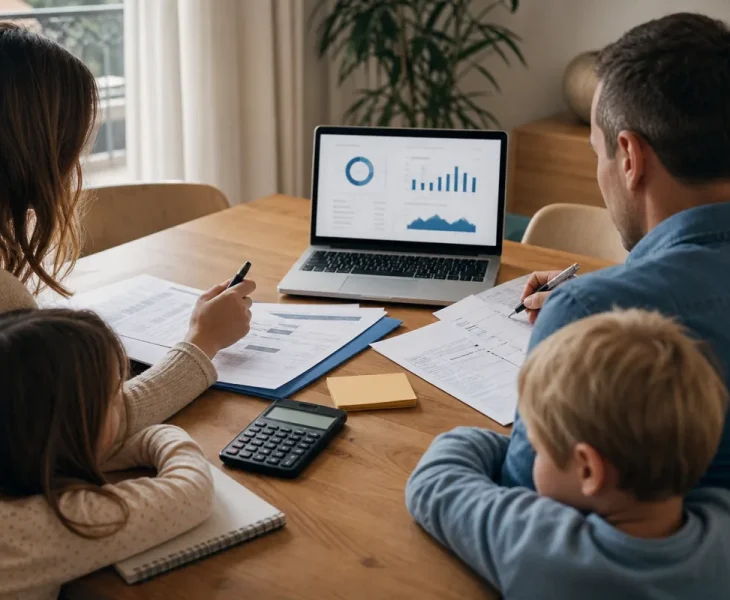 Famille de quatre personnes assise autour d'une table, examinant ensemble des documents d'assurance santé