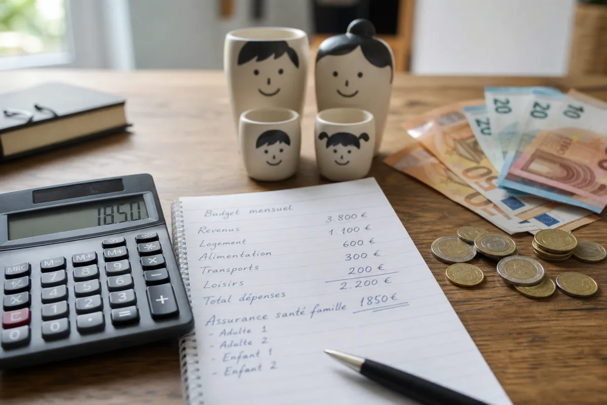 Gros plan sur un tableau comparatif de cotisations mensuelles de mutuelles familiales posé sur un bureau