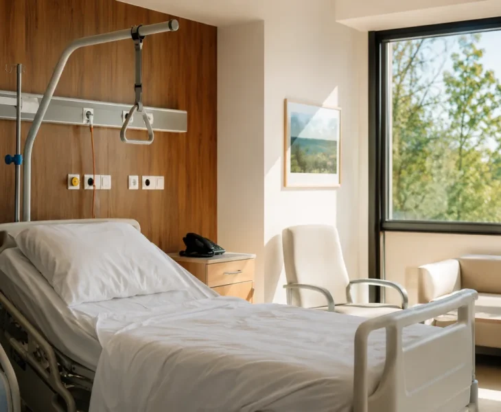 Vue d'ensemble d'une chambre individuelle d'hôpital moderne avec lit médicalisé et fenêtre lumineuse