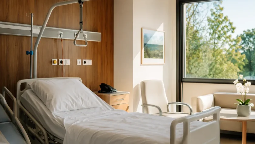 Vue d'ensemble d'une chambre individuelle d'hôpital moderne avec lit médicalisé et fenêtre lumineuse