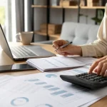 Auto-entrepreneur installé dans son bureau à domicile, documents d'assurance santé étalés sur son bureau devant un ordinateur ouvert