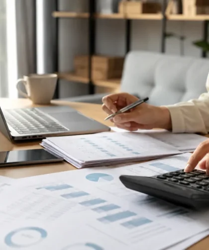 Auto-entrepreneur installé dans son bureau à domicile, documents d'assurance santé étalés sur son bureau devant un ordinateur ouvert