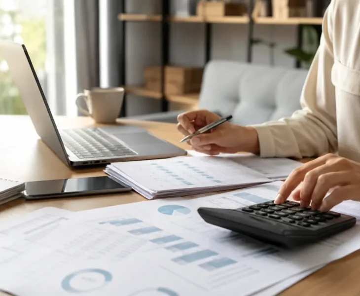 Auto-entrepreneur installé dans son bureau à domicile, documents d'assurance santé étalés sur son bureau devant un ordinateur ouvert