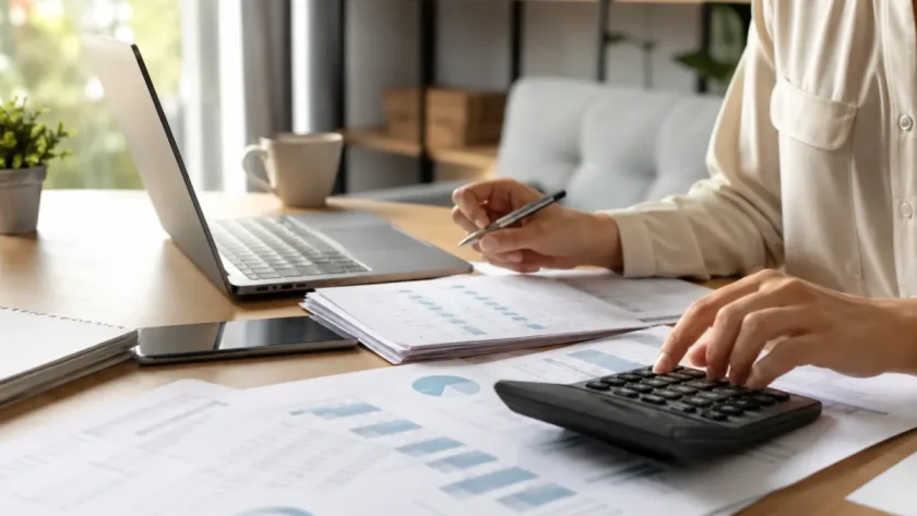 Auto-entrepreneur installé dans son bureau à domicile, documents d'assurance santé étalés sur son bureau devant un ordinateur ouvert
