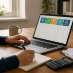 Travailleur indépendant assis à son bureau, entouré de documents d'assurance santé et d'un ordinateur affichant des comparatifs de mutuelles