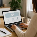 Vue d'ensemble d'un bureau avec ordinateur portable affichant un formulaire de souscription d'assurance santé en ligne