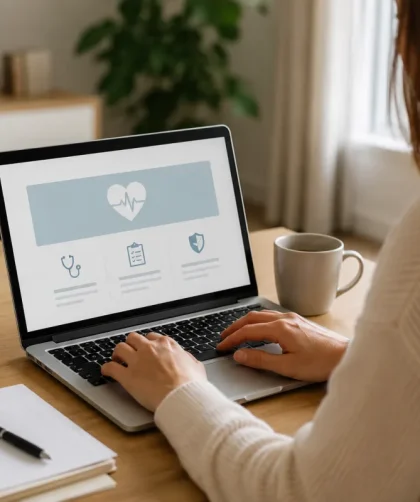 Vue d'ensemble d'un bureau avec ordinateur portable affichant un formulaire de souscription d'assurance santé en ligne