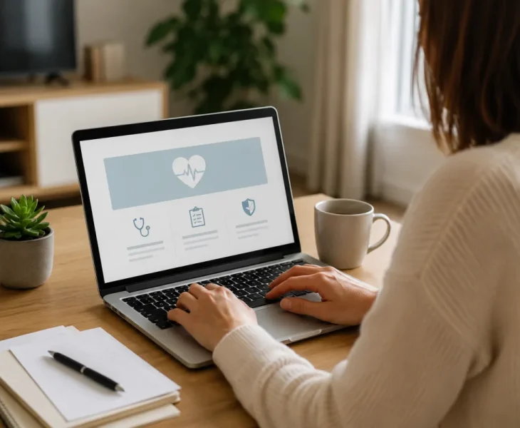 Vue d'ensemble d'un bureau avec ordinateur portable affichant un formulaire de souscription d'assurance santé en ligne