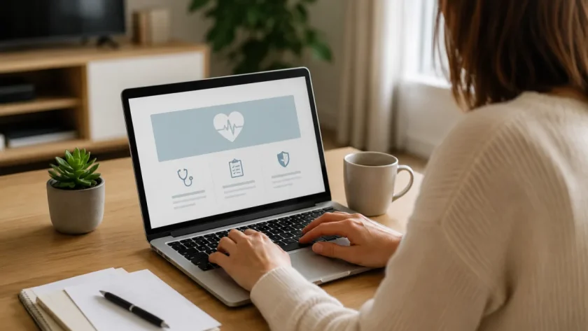 Vue d'ensemble d'un bureau avec ordinateur portable affichant un formulaire de souscription d'assurance santé en ligne