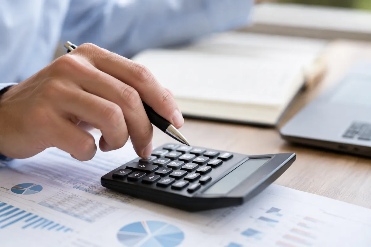 Gros plan sur une calculatrice posée à côté d'une déclaration d'impôt remplie à la main
