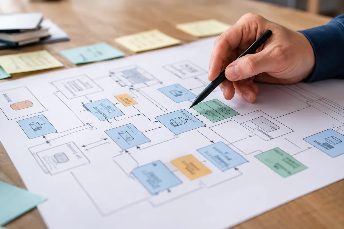 Main d'un expert informatique pointant un flux de données sur un composant d'architecture applicative