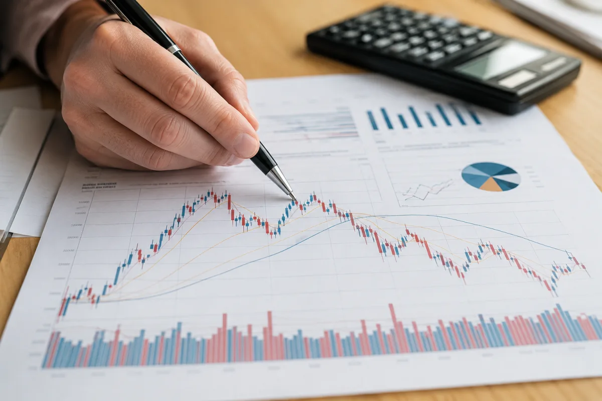 Un Lingot d'or gravé posé à côté d'une calculatrice financière et de documents d'analyse