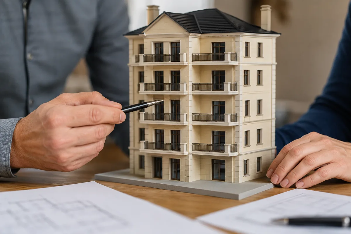 Gros plan sur un trousseau de clés posé sur des plans de rénovation