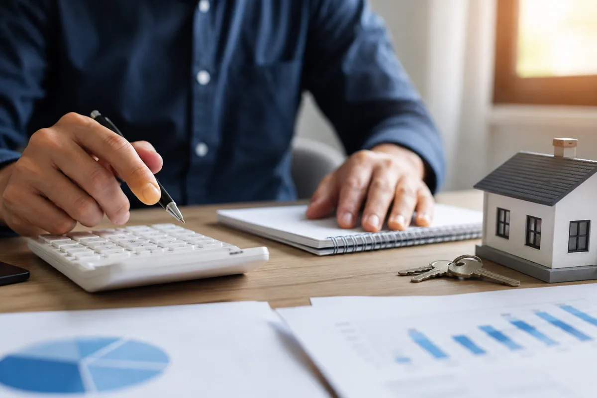 Gros plan sur une calculatrice et des documents fiscaux annotés à la main pour un projet immobilier