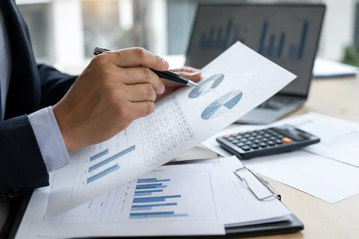Main tenant un rapport financier imprimé affichant un tableau détaillé des rendements immobiliers