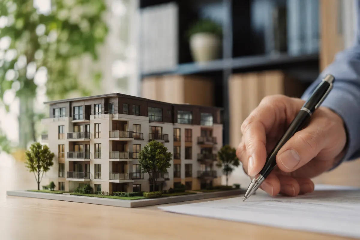 Main tenant un stylo plume au-dessus d'un contrat de démembrement temporaire de propriété