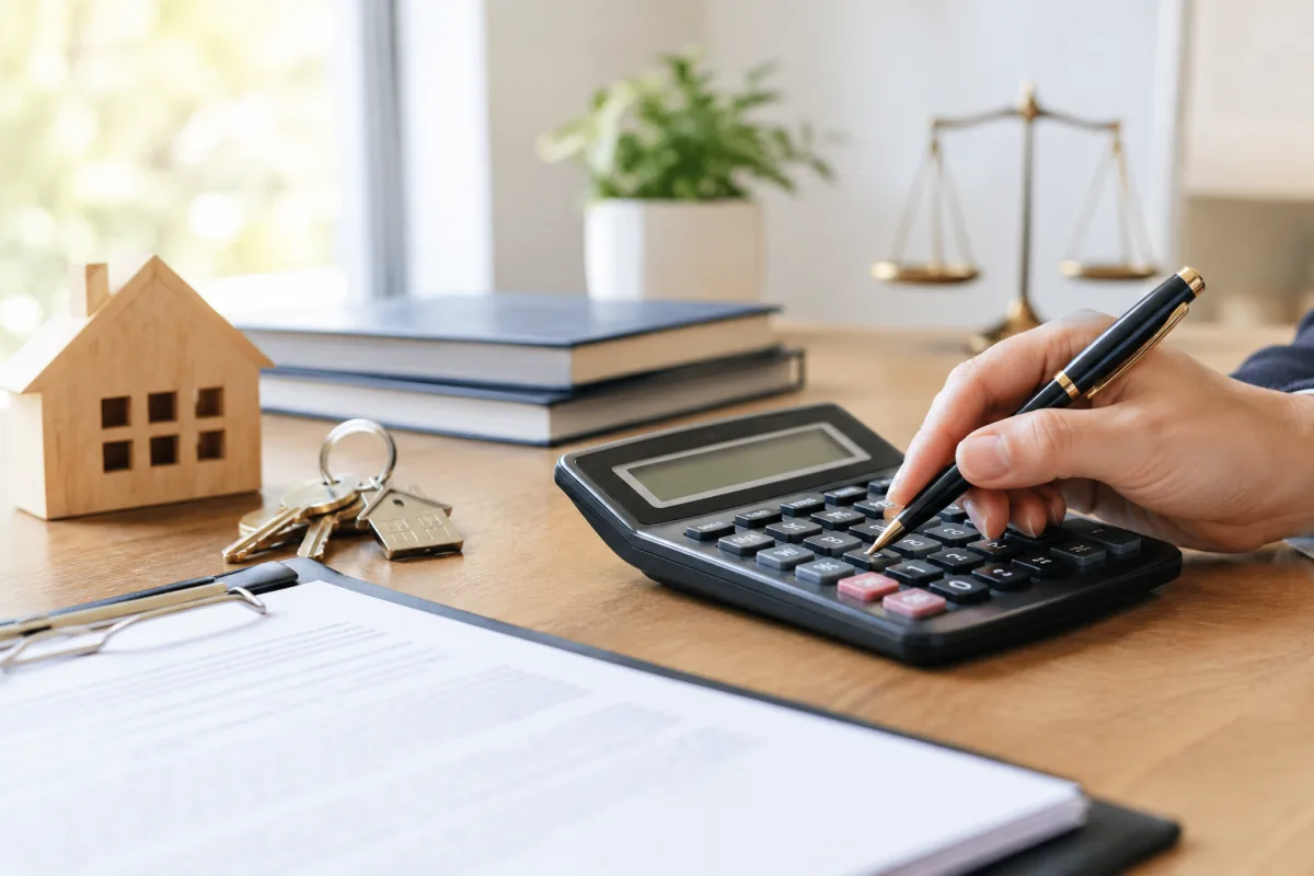 Gros plan sur une calculette posée à côté d'un acte notarié et d'un stylo plume