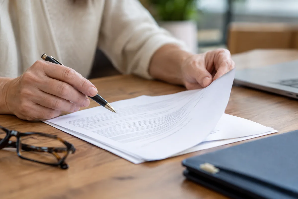 Une main tenant un stylo plume au-dessus d'un document officiel portant plusieurs signatures