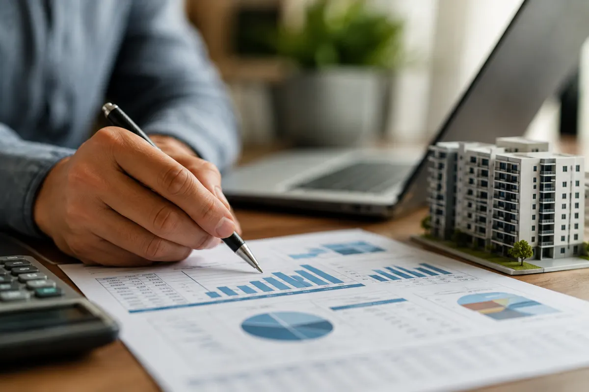 Main posée sur un dossier d'investissement immobilier avec une calculatrice et un stylo à bille
