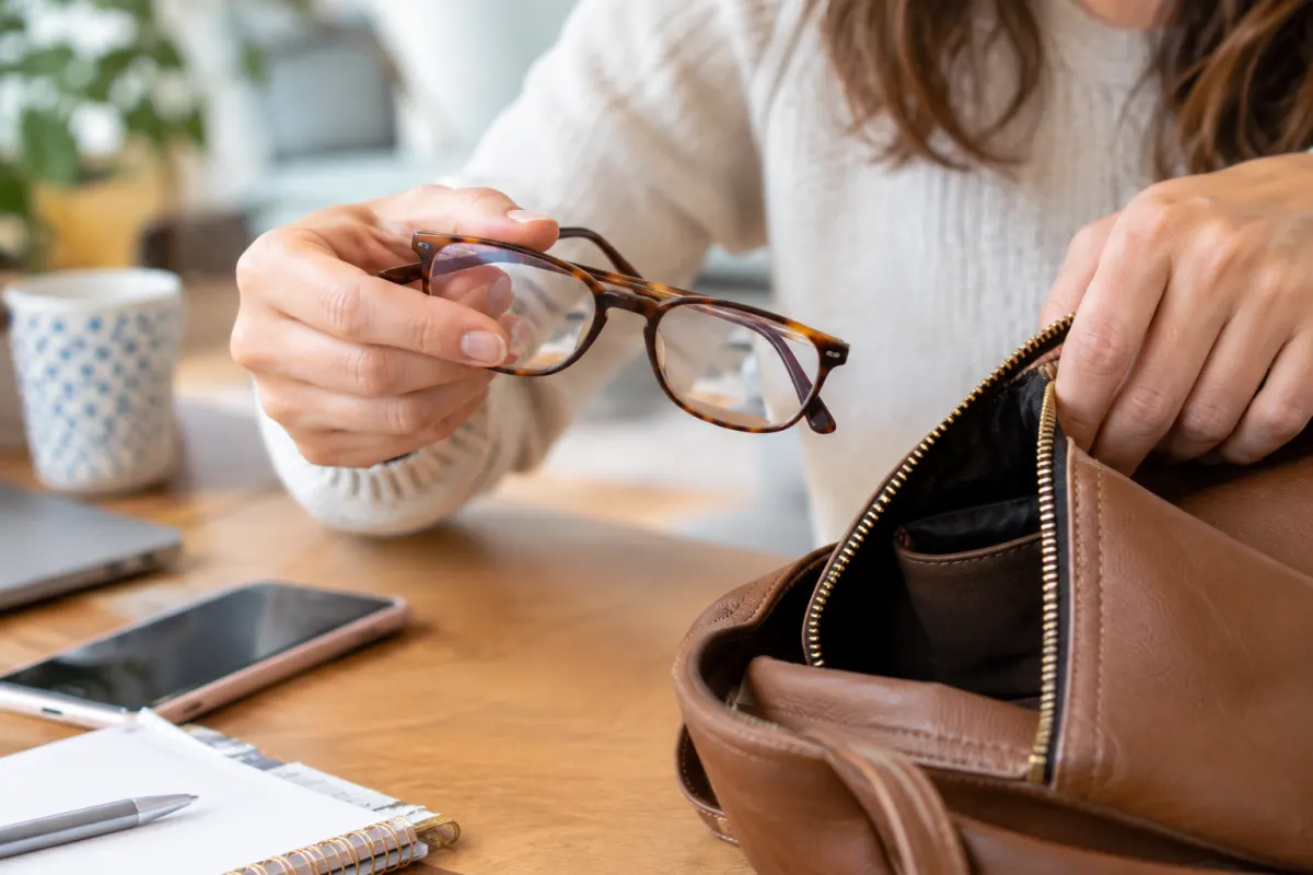 Une main pose une paire de lunettes de vue pliée sur un dossier d'assurance complet