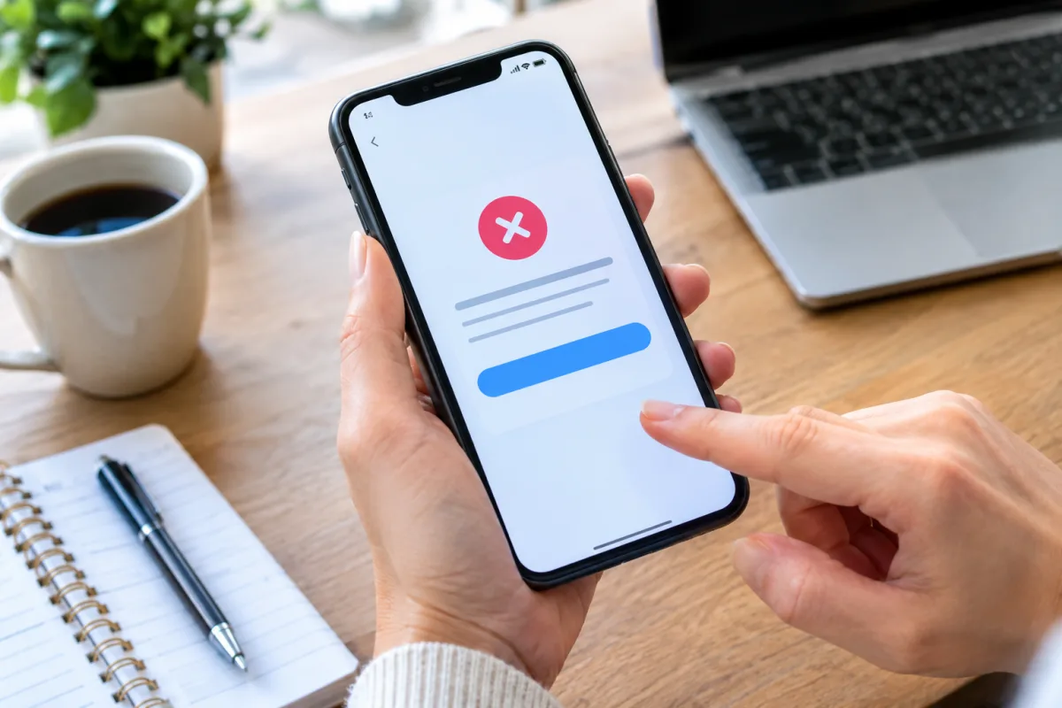 Gros plan sur un écran de smartphone affichant une application bancaire bloquée sur un refus
