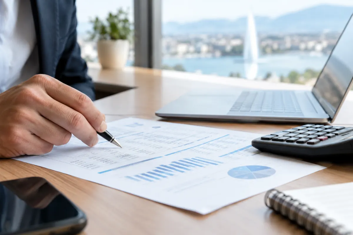 Gros plan sur une calculatrice financière posée sur des documents comptables de déclaration d'impôts